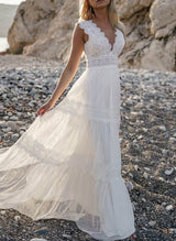 Sleeveless Lace Wedding Dress Chic A-line V-Neck Sweep Train-Dbrbridal