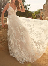 Sleeveless Lace Wedding Dresses Chic A-line V-Neck Sweep Train-Dbrbridal