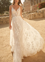 Sleeveless Lace Wedding Dresses Chic A-line V-Neck Sweep Train-Dbrbridal
