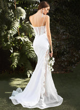 Sleeveless Mermaid Fitted Wedding Dresses Lace Appliques Sweep Train-Dbrbridal