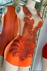 Sleeveless Orange Short Prom Dresses with Scoop Neck and Beadings-Dbrbridal