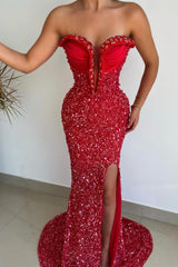 Sleeveless Red Mermaid Prom Dress with Sweetheart Neckline and Long Sequins-Dbrbridal