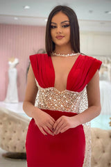 Sleeveless Red Mermaid Prom Dresses with Beads and Pearls-Dbrbridal