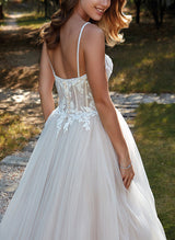 Sleeveless Sweep Train Tulle Wedding Dresses Appliques Lace-Dbrbridal