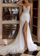 Sleeveless Sweep Train Wedding Dress Split Front-Dbrbridal