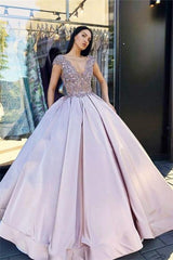 Sleeveless V-Neck Crystal Beading Ball-Gown Prom Dresses-Dbrbridal