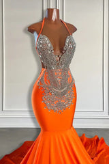 Sleeveless V-Neck Halter Mermaid Prom Dress With Beadings-Dbrbridal