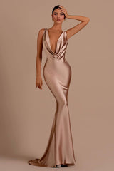 Sleeveless V-Neck Mermaid Long Prom Dress With Dropped Back-Dbrbridal
