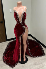 Sleeveless V-Neck Mermaid Prom Dresses With High Split Beadings-Dbrbridal