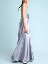 Sliver One Shoulder Elastic Woven Satin Sleeveless A-line Beaded Kids Party Dresses-Dbrbridal