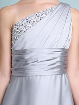 Sliver One Shoulder Elastic Woven Satin Sleeveless A-line Beaded Kids Party Dresses-Dbrbridal