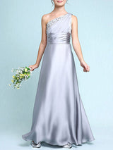 Sliver One Shoulder Elastic Woven Satin Sleeveless A-line Beaded Kids Party Dresses-Dbrbridal