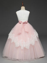 Soft Pink Kids Formal Dress Lace Bows A-line Girls Pageant Dress-Dbrbridal