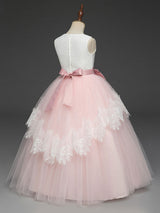 Soft Pink Kids Formal Dress Lace Bows A-line Girls Pageant Dress-Dbrbridal