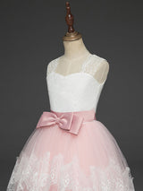 Soft Pink Kids Formal Dress Lace Bows A-line Girls Pageant Dress-Dbrbridal