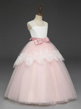 Soft Pink Kids Formal Dress Lace Bows A-line Girls Pageant Dress-Dbrbridal