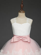 Soft Pink Kids Formal Dress Lace Bows A-line Girls Pageant Dress-Dbrbridal