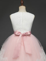 Soft Pink Kids Formal Dress Lace Bows A-line Girls Pageant Dress-Dbrbridal