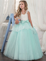 Soft Pink Kids Formal Dress Lace Bows A-line Girls Pageant Dress-Dbrbridal