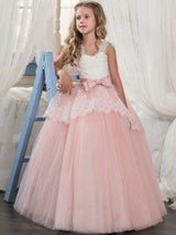 Soft Pink Kids Formal Dress Lace Bows A-line Girls Pageant Dress-Dbrbridal