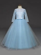 Soft Pink Kids Formal Dress Lace Half Sleeve Bows Tulle A-line Girls Pageant Party Dress-Dbrbridal