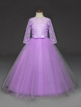 Soft Pink Kids Formal Dress Lace Half Sleeve Bows Tulle A-line Girls Pageant Party Dress-Dbrbridal