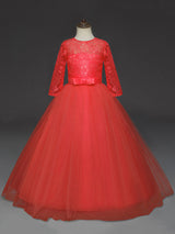 Soft Pink Kids Formal Dress Lace Half Sleeve Bows Tulle A-line Girls Pageant Party Dress-Dbrbridal