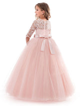 Soft Pink Kids Formal Dress Lace Half Sleeve Bows Tulle A-line Girls Pageant Party Dress-Dbrbridal