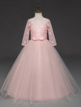 Soft Pink Kids Formal Dress Lace Half Sleeve Bows Tulle A-line Girls Pageant Party Dress-Dbrbridal