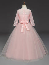 Soft Pink Kids Formal Dress Lace Half Sleeve Bows Tulle A-line Girls Pageant Party Dress-Dbrbridal