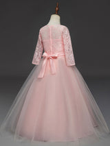 Soft Pink Kids Formal Dress Lace Half Sleeve Bows Tulle A-line Girls Pageant Party Dress-Dbrbridal