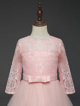 Soft Pink Kids Formal Dress Lace Half Sleeve Bows Tulle A-line Girls Pageant Party Dress-Dbrbridal