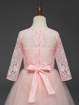 Soft Pink Kids Formal Dress Lace Half Sleeve Bows Tulle A-line Girls Pageant Party Dress-Dbrbridal