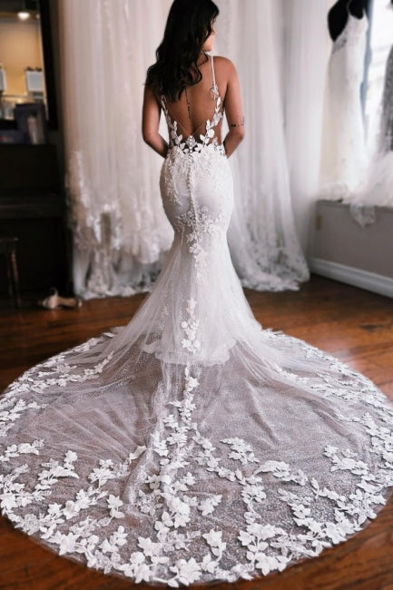 Spaghetti Straps Mermaid Long Lace Wedding Dresses with Chapel Train Dbrbridal Spaghetti Straps Mermaid Long Lace Wedding Dresses with Chapel Train Dbrbridal