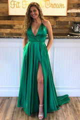 Spaghetti-Straps Shiny Royal Blue Formal DressesSplit Chic V-Neck Princess Evening Party Gowns Online-Dbrbridal