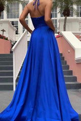 Spaghetti-Straps Shiny Royal Blue Formal DressesSplit Chic V-Neck Princess Evening Party Gowns Online-Dbrbridal