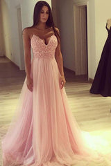 Spaghetti-Straps V-Neck Pink Formal DressesLong Tulle Party Gowns-Dbrbridal