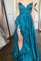 Spaghetti-Straps V-Neck Sleeveless Mermaid Prom Dress With Ruffles Split in Ink Blue-Dbrbridal