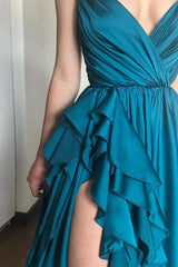 Spaghetti-Straps V-Neck Sleeveless Mermaid Prom Dress With Ruffles Split in Ink Blue-Dbrbridal