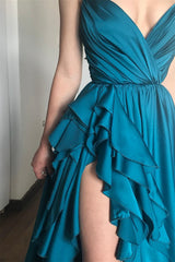 Spaghetti-Straps V-Neck Sleeveless Mermaid Prom Dress With Ruffles Split in Ink Blue-Dbrbridal