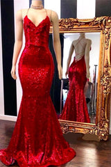 Spaghetti-Strapss Lace-up Red Sequins V-Neck Mermaid Prom Dresses-Dbrbridal