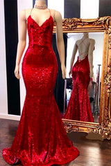 Spaghetti-Strapss Lace-up Red Sequins V-Neck Mermaid Prom Dresses-Dbrbridal