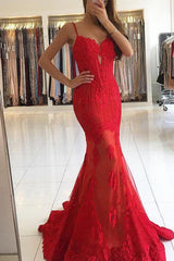 Spaghetti-Strapss Red Lace Evening Dresses Mermaid Chic Prom Dresses-Dbrbridal