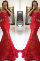 Spaghetti-Strapss Red Lace Evening Dresses Mermaid Chic Prom Dresses-Dbrbridal