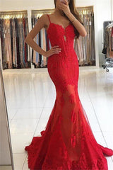 Spaghetti-Strapss Red Lace Evening Dresses Mermaid Chic Prom Dresses-Dbrbridal