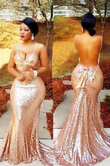 Spaghetti-Strapss Sequins Mermaid Backless Champagne Prom Dresses-Dbrbridal