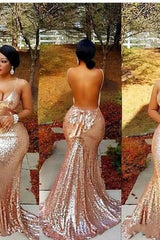 Spaghetti-Strapss Sequins Mermaid Backless Champagne Prom Dresses-Dbrbridal