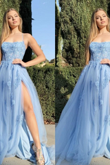 Spaghetti-Strapss Sexy Blue Prom Dress Applique Long With Split-Dbrbridal