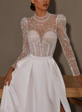 Sparkling High Neck Long Sleeves Sweep Train Satin Sequined Wedding Dresses Front Split-Dbrbridal