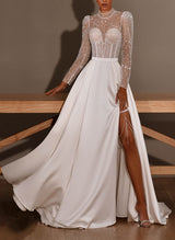 Sparkling High Neck Long Sleeves Sweep Train Satin Sequined Wedding Dresses Front Split-Dbrbridal